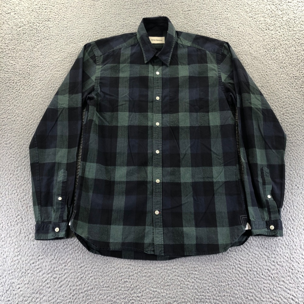 Oliver Spencer Shirt Mens 14.5 Small Green Plaid Long Sleeve Button Up